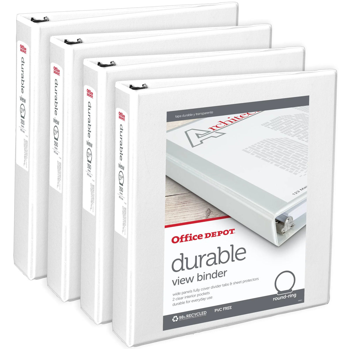 Office Depot Brand Durable View 3-Ring Binder, 1 1/2" Round Rings, Pack Of 4