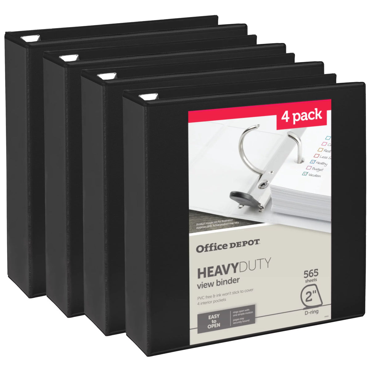 Office Depot Heavy-Duty View 3-Ring Binder, 2" D-Rings, Pack Of 4