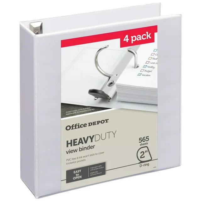 Office Depot Heavy-Duty View 3-Ring Binder, 2" D-Rings,Pack Of 4