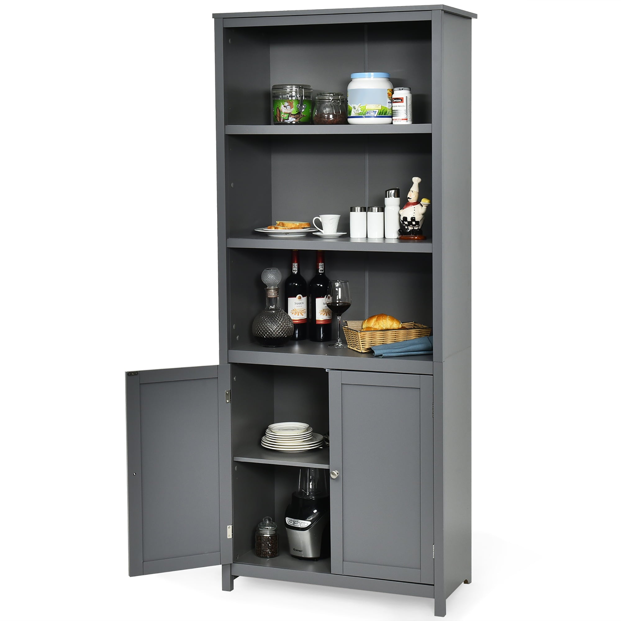 Costway Wooden Cabinet Unit Standing Bookcase W/Doors Gray