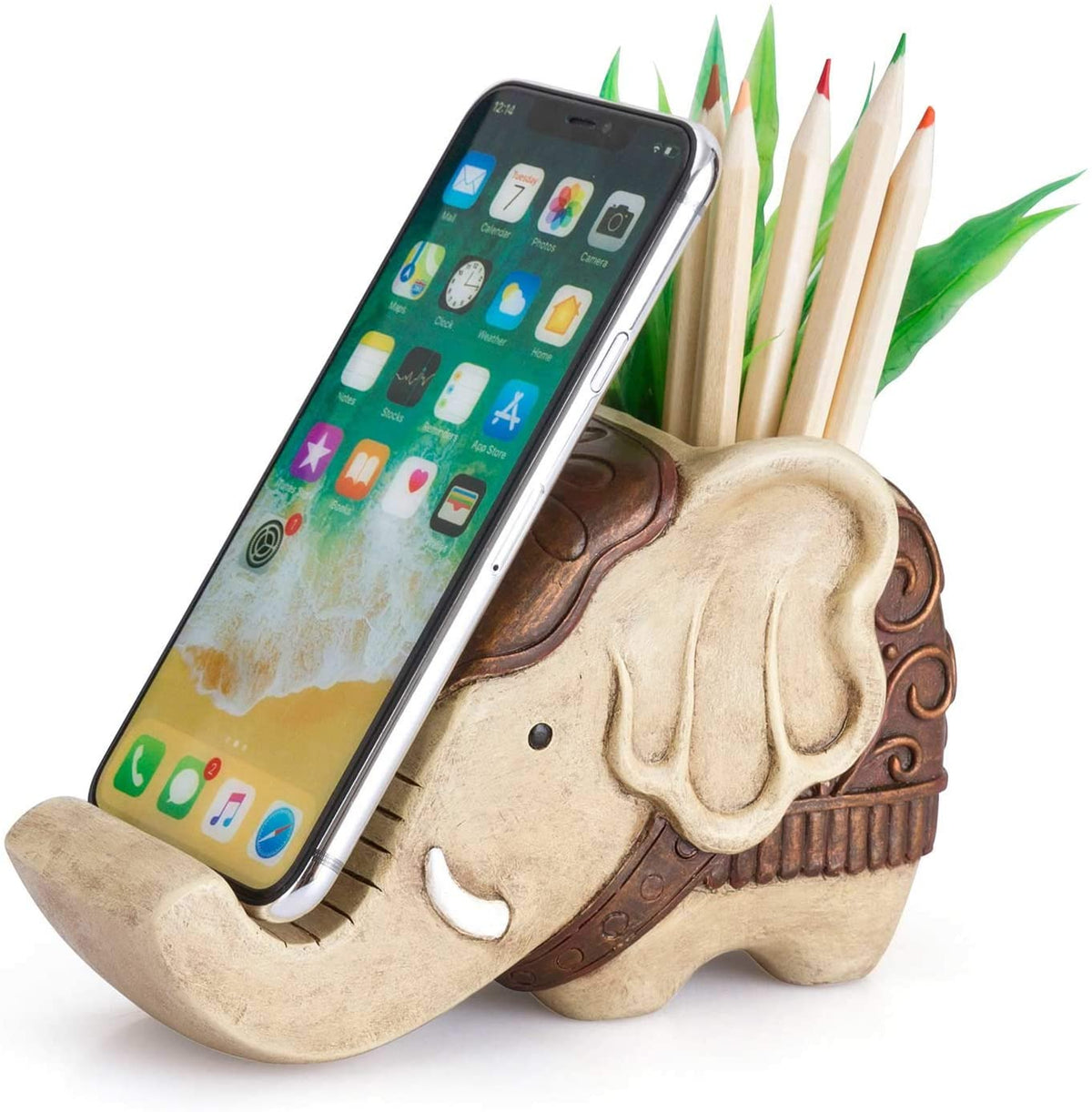 Pen Pencil Holder with Phone Stand, Elephant Shaped Resin Container With Cell Phone Stand Carving Brush Scissor Holder Desk Organizer Decoration for Office Desk Home Decorative