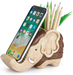 Pen Pencil Holder with Phone Stand, Elephant Shaped Resin Container With Cell Phone Stand Carving Brush Scissor Holder Desk Organizer Decoration for Office Desk Home Decorative