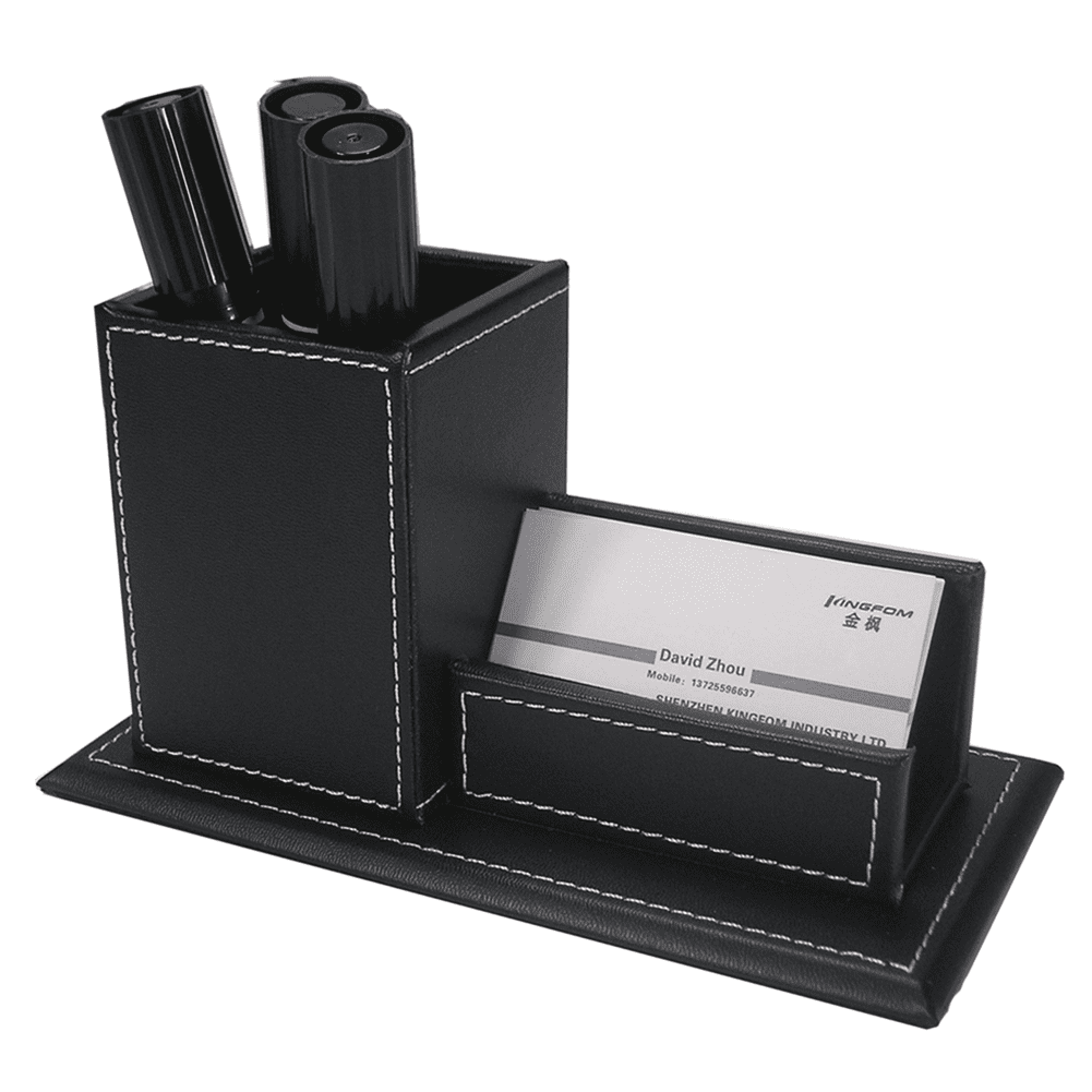 KINGFOM Business Card Holder, PU Leather Pen Holder Business Card Box Name Card Holder Office Organizer Desktop Organizer Black