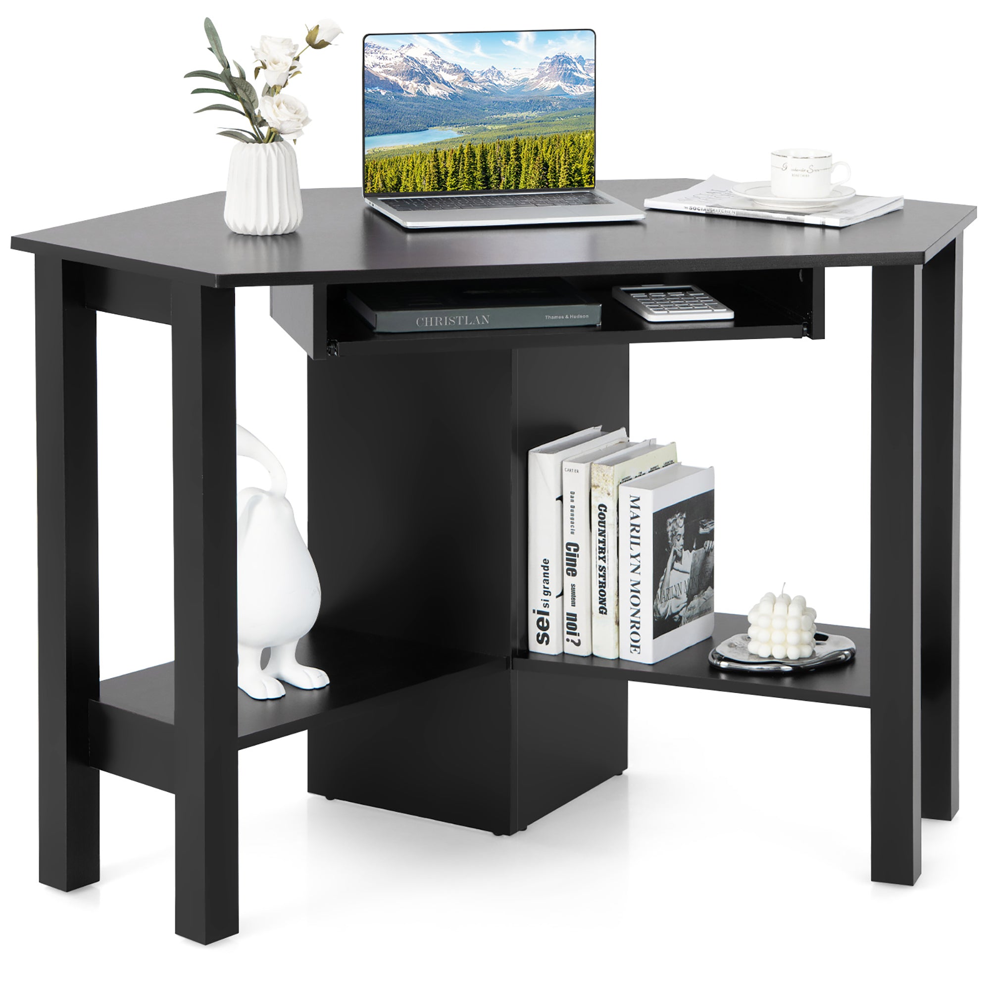 Costway Wooden Corner Desk With Drawer Computer PC Table Study Office Room Black