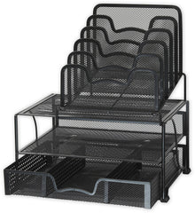 Simple Houseware Mesh Desk Organizer with Sliding Drawer, Double Tray and 5 Stacking Sorter Sections, Black