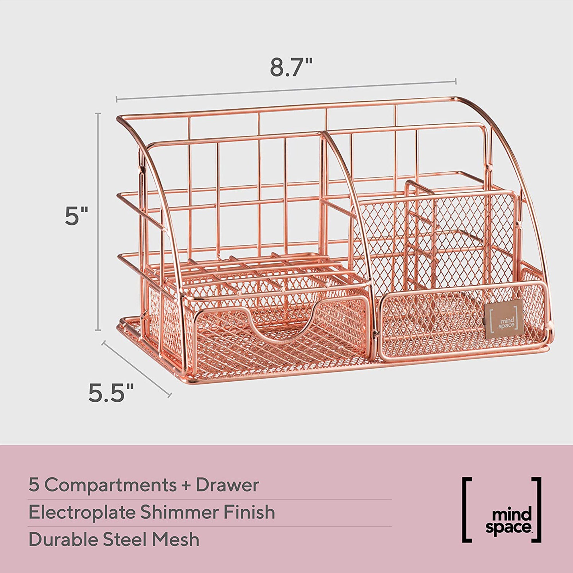 Mindspace Desk Organizers 5 Compartments with Drawer Desktop Organizer for Room and Office Supplies and Accessories Rose Gold