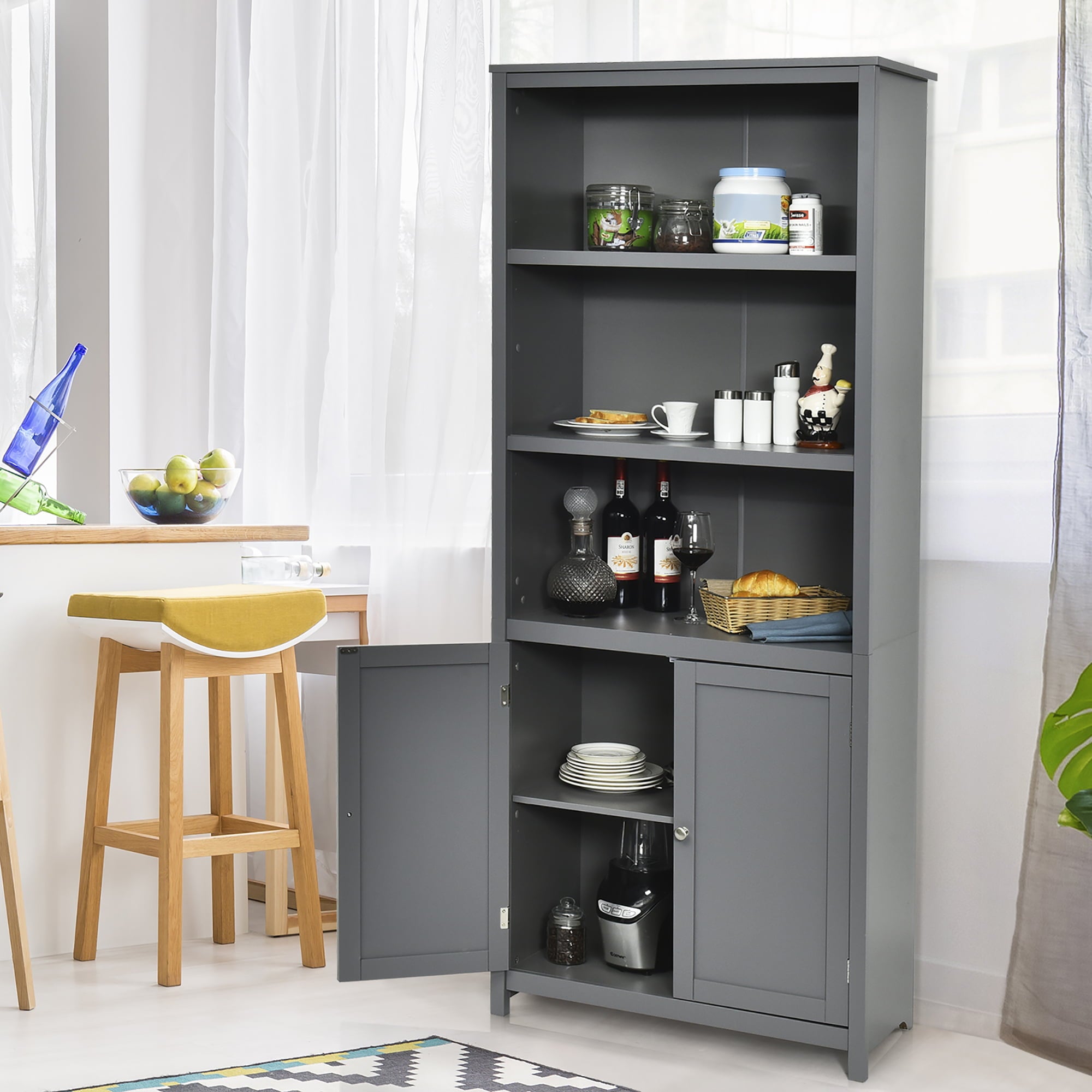 Costway Wooden Cabinet Unit Standing Bookcase W/Doors Gray