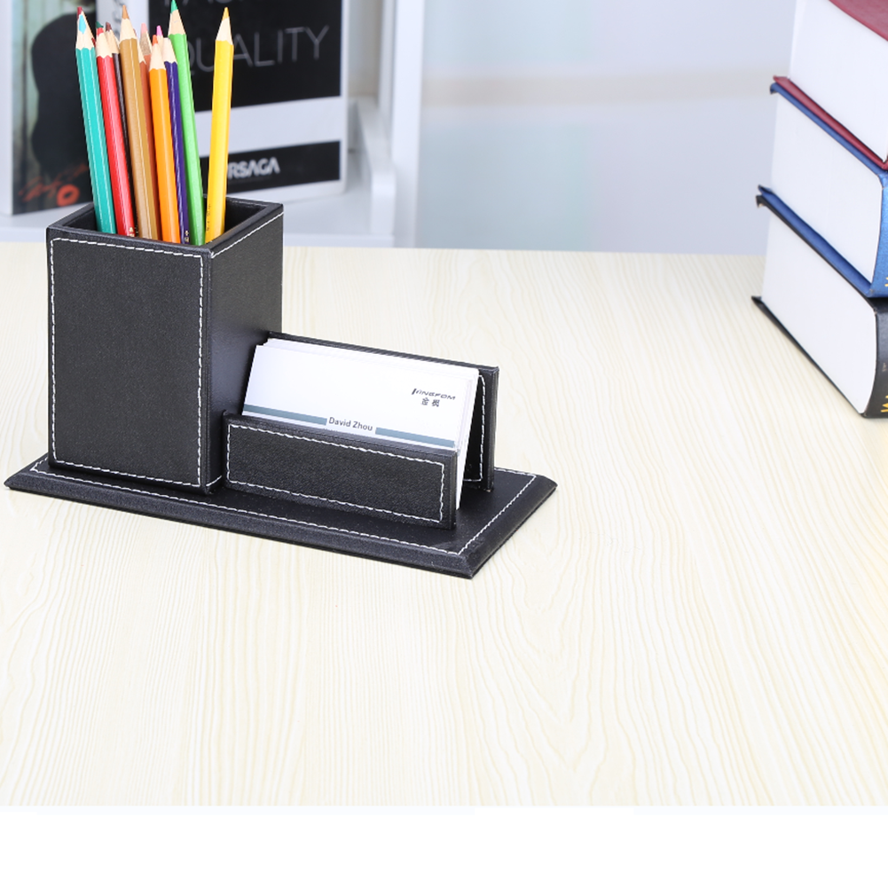 KINGFOM Business Card Holder, PU Leather Pen Holder Business Card Box Name Card Holder Office Organizer Desktop Organizer Black