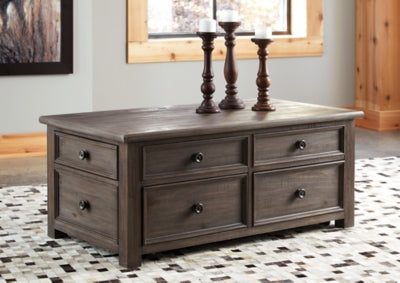 Signature Design by Ashley Wyndahl Rustic Rectangular Lift Top Coffee Table with 4 Storage Drawers, Dark Brown with Distressed Finish