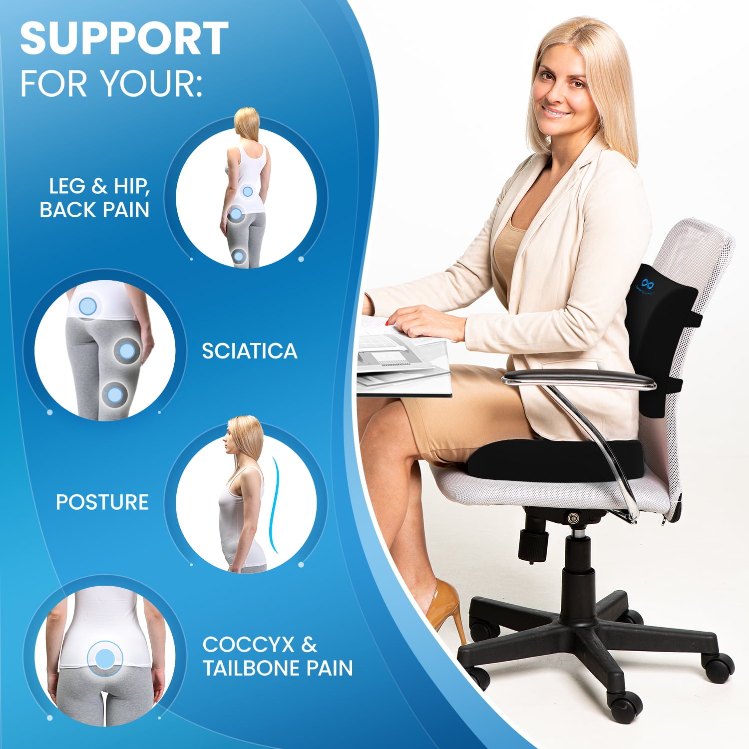 Everlasting Comfort Office Chair Seat Cushion and Lumbar Support Pillow Combo