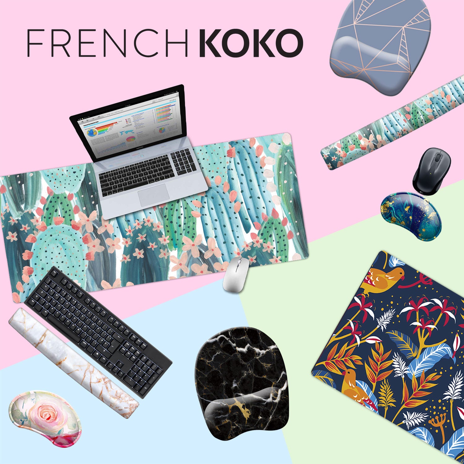 French KOKO PU Leather Desk Organizer Cute Pen Holder Office Pencil Holders Organizers Table Top Desktop Multifunction Accessories Women Kids Girls Children Work School Storage Supplies (marble blue)