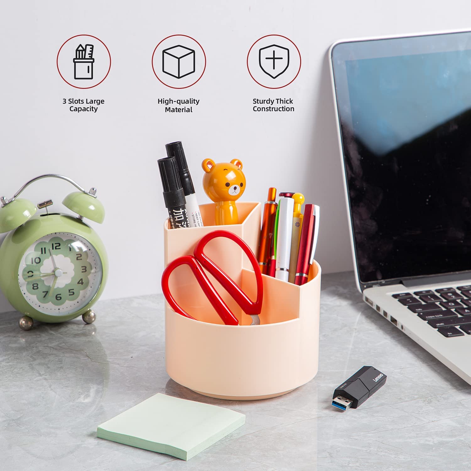 Desk Pencil Pen Holder, 3 Slots 360-Degree Spinning Desk Organizers, Desktop Storage Pen Organizers Stationery Supplies, Cute Pencil Cup Pot for Office, School, Kids - Pink