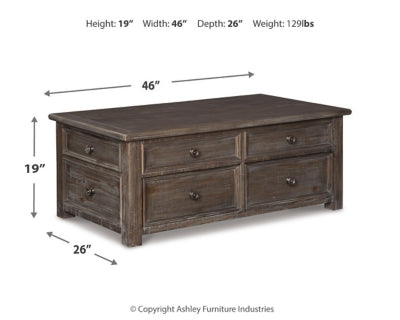 Signature Design by Ashley Wyndahl Rustic Rectangular Lift Top Coffee Table with 4 Storage Drawers, Dark Brown with Distressed Finish