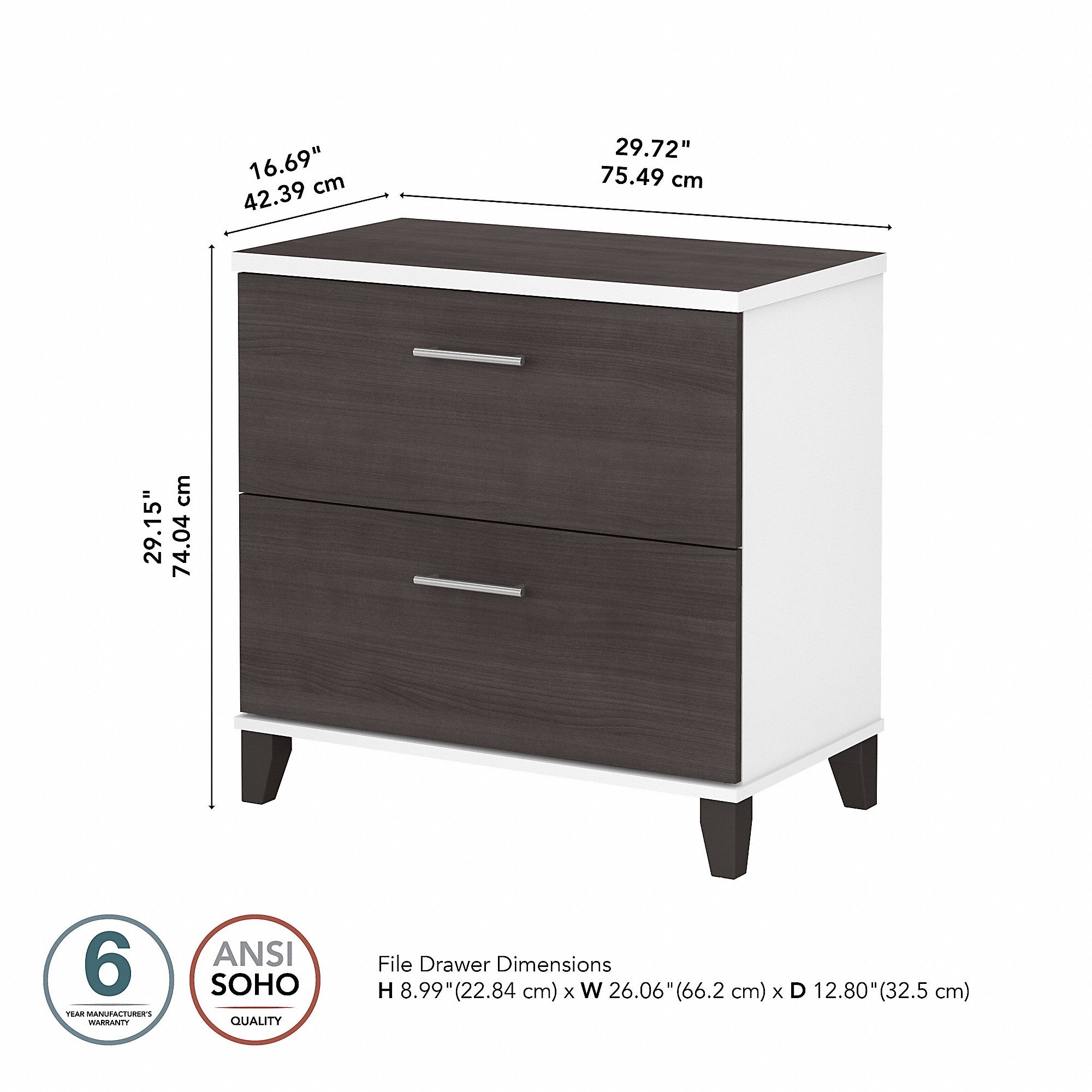 Bush Furniture Somerset 2 Drawer Lateral File Cabinet in Storm Gray and White Finish