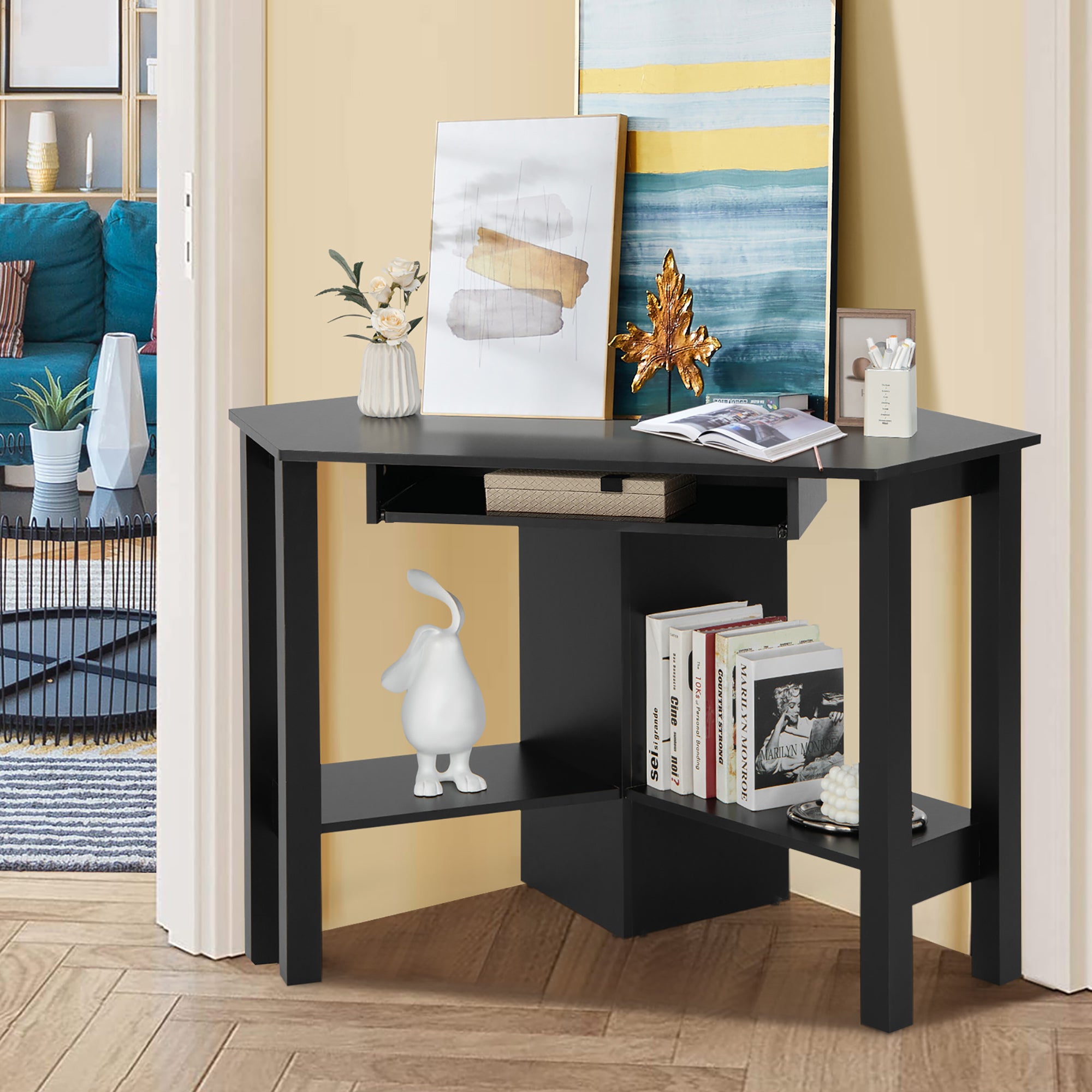 Costway Wooden Corner Desk With Drawer Computer PC Table Study Office Room Black