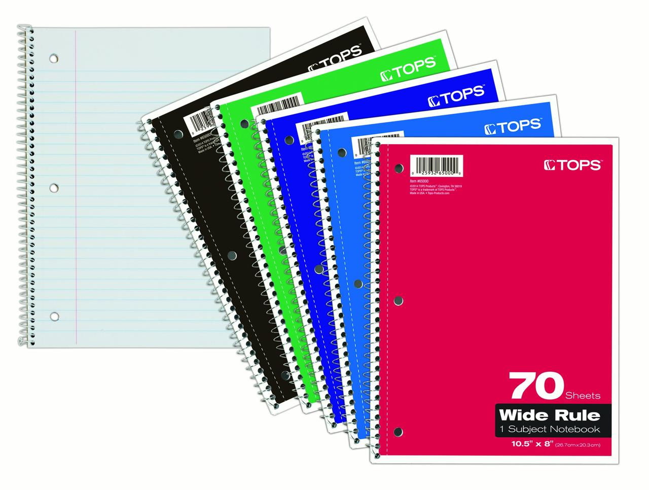 TOPS BINESS FORMS Wirebound 1-Subject Notebook, Wide Rule, 70 Sheets/Pad