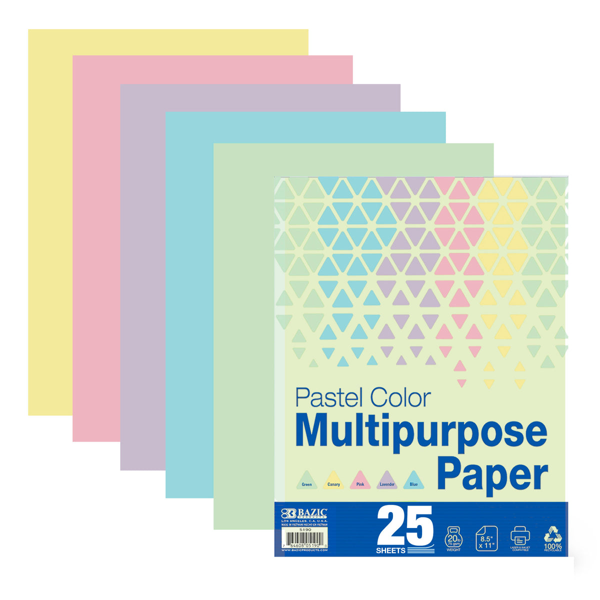 BAZIC 25 Sheets Pastel Color Multipurpose Paper 8.5"x11", Colored Copy Paper Fax Laser Printing (25/Pack), 1-Pack