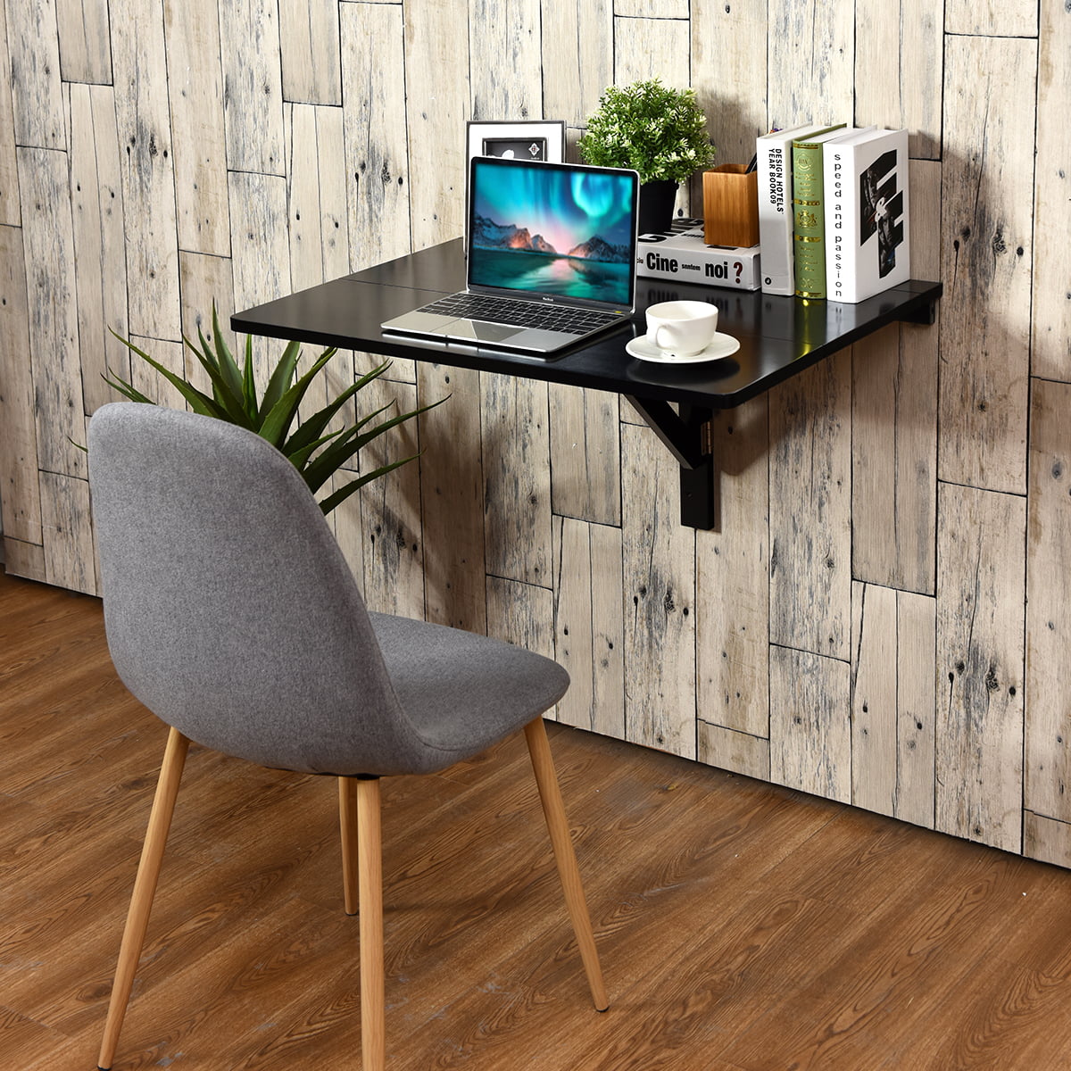 Gymax Black Wall-Mounted Drop-Leaf Table Floating Folding Desk