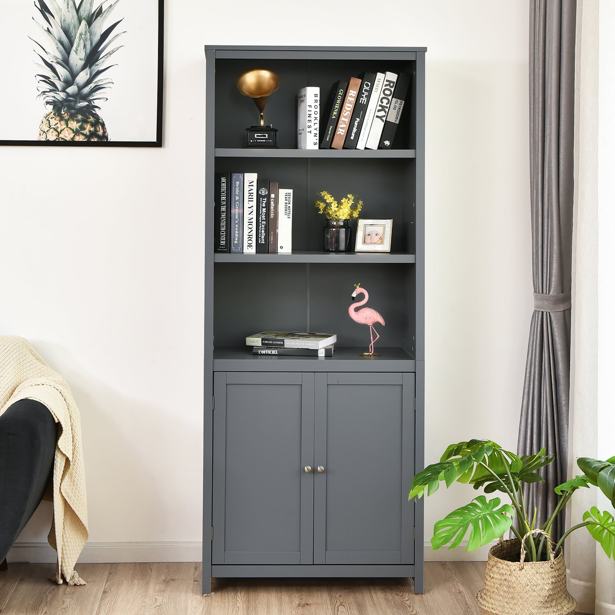 Costway Wooden Cabinet Unit Standing Bookcase W/Doors Gray