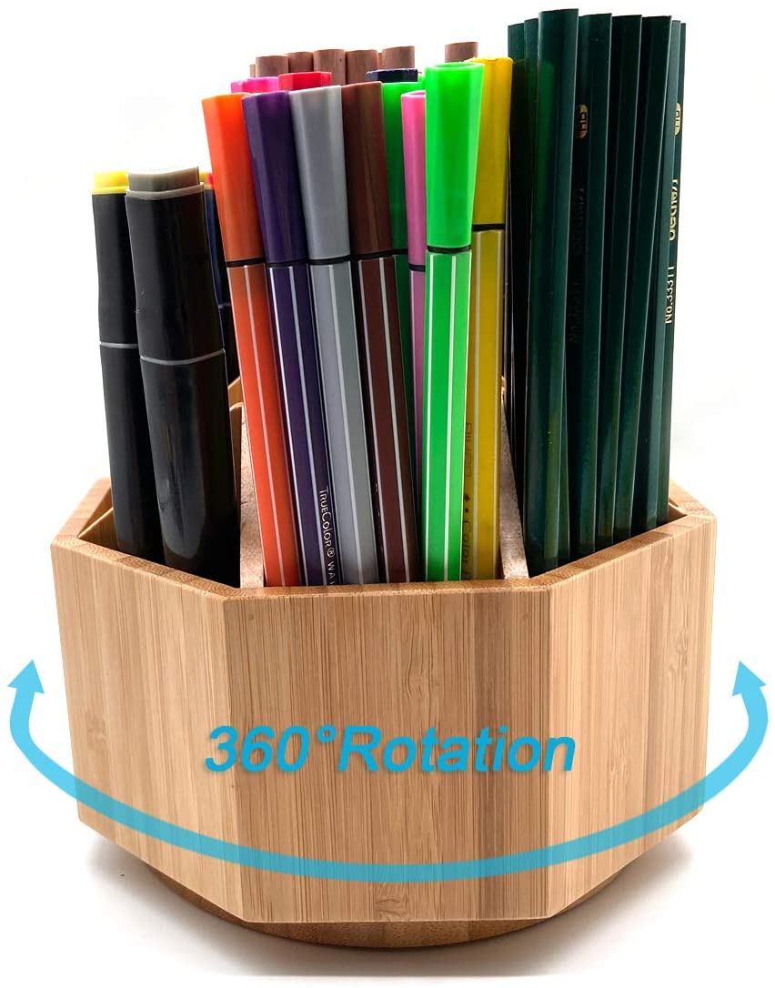 Maydear Bamboo Rotating Pencils Holder Art Supply Organizer Office Supplies Desktop Storage