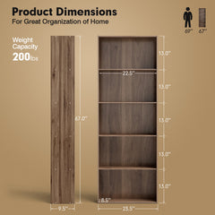 Costway 5-Shelf Storage Bookcase, Walnut