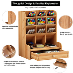 Wooden Desk Organizer, Multi-Functional DIY Pen Holder, Pen Organizer for desk, Desktop Stationary,  Home Office Art Supplies Organizer Storage with Drawer