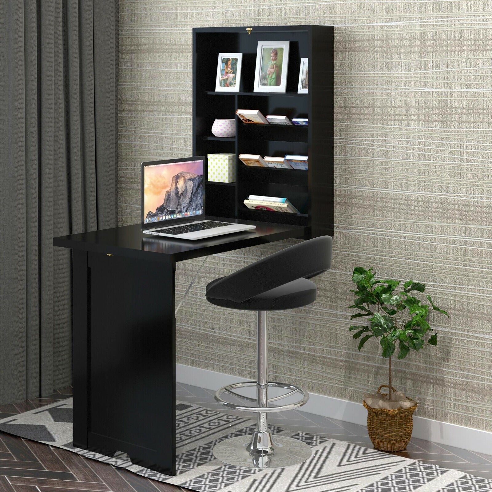 Gymax Black Wall Mounted Fold-Out Convertible Floating Desk