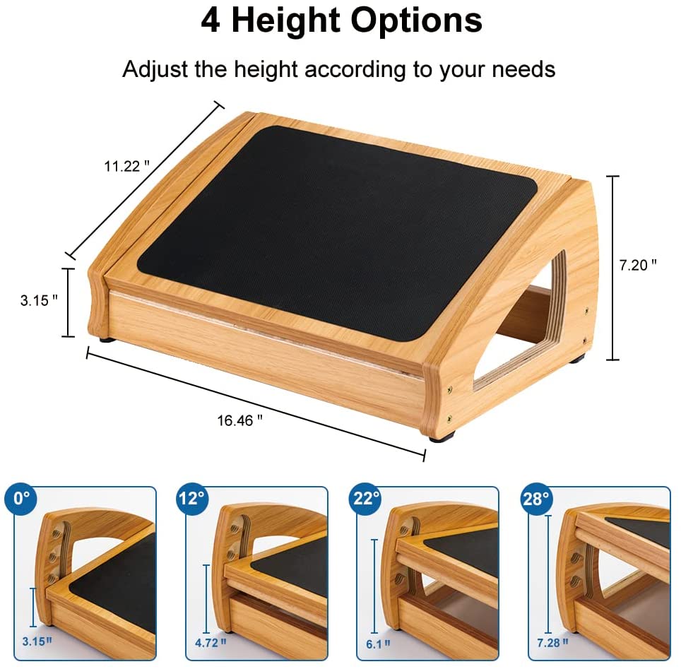 StrongTek Adjustable Under Desk Footrest,with 3 Height Position, Wooden Foot Stool Under Desk