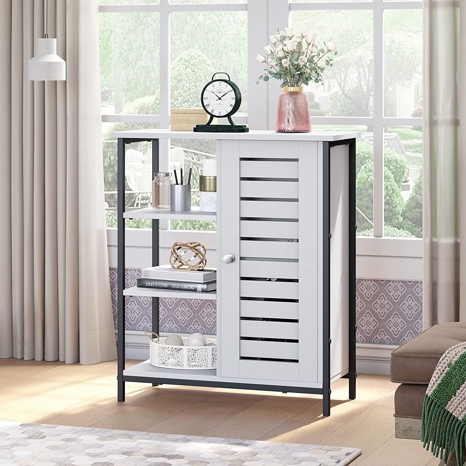 DWVO Free Standing Cabinet Wooden Display Bookcase with Door Storage Organizer 3 Shelves White