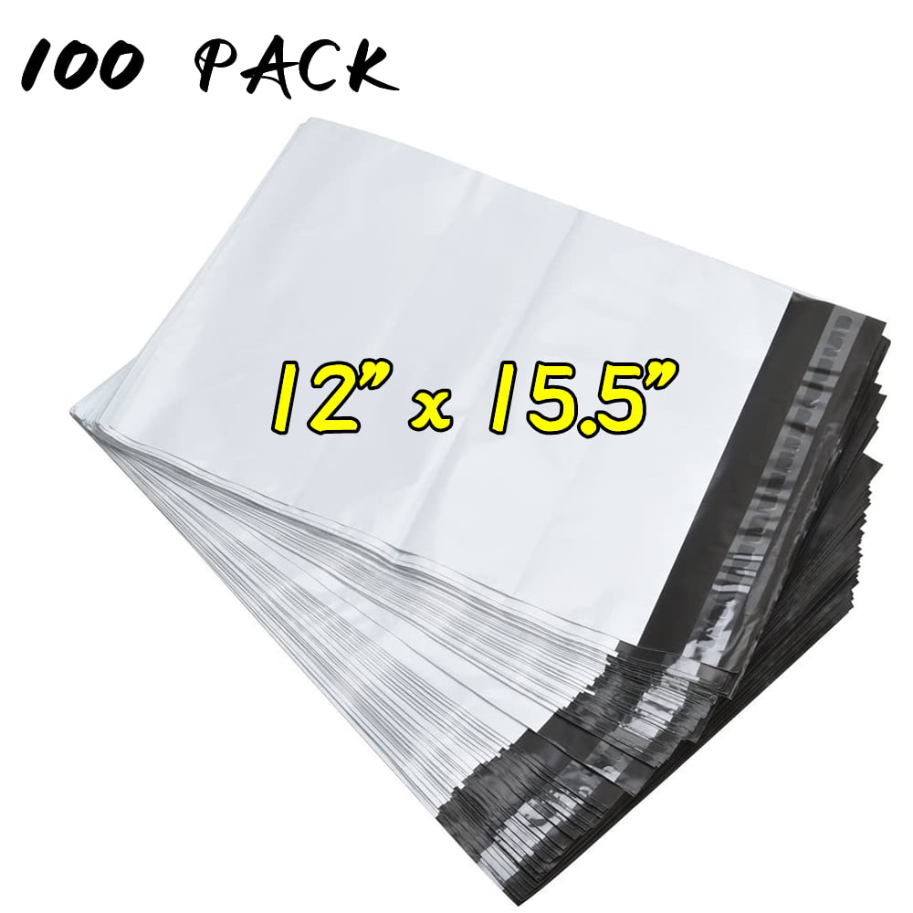 9527 Product 100 Pack Poly Mailers, 12" x 15.5", Plastic Shipping Bags, 2.5-Mils Self-Sealing Poly Mailing Bags