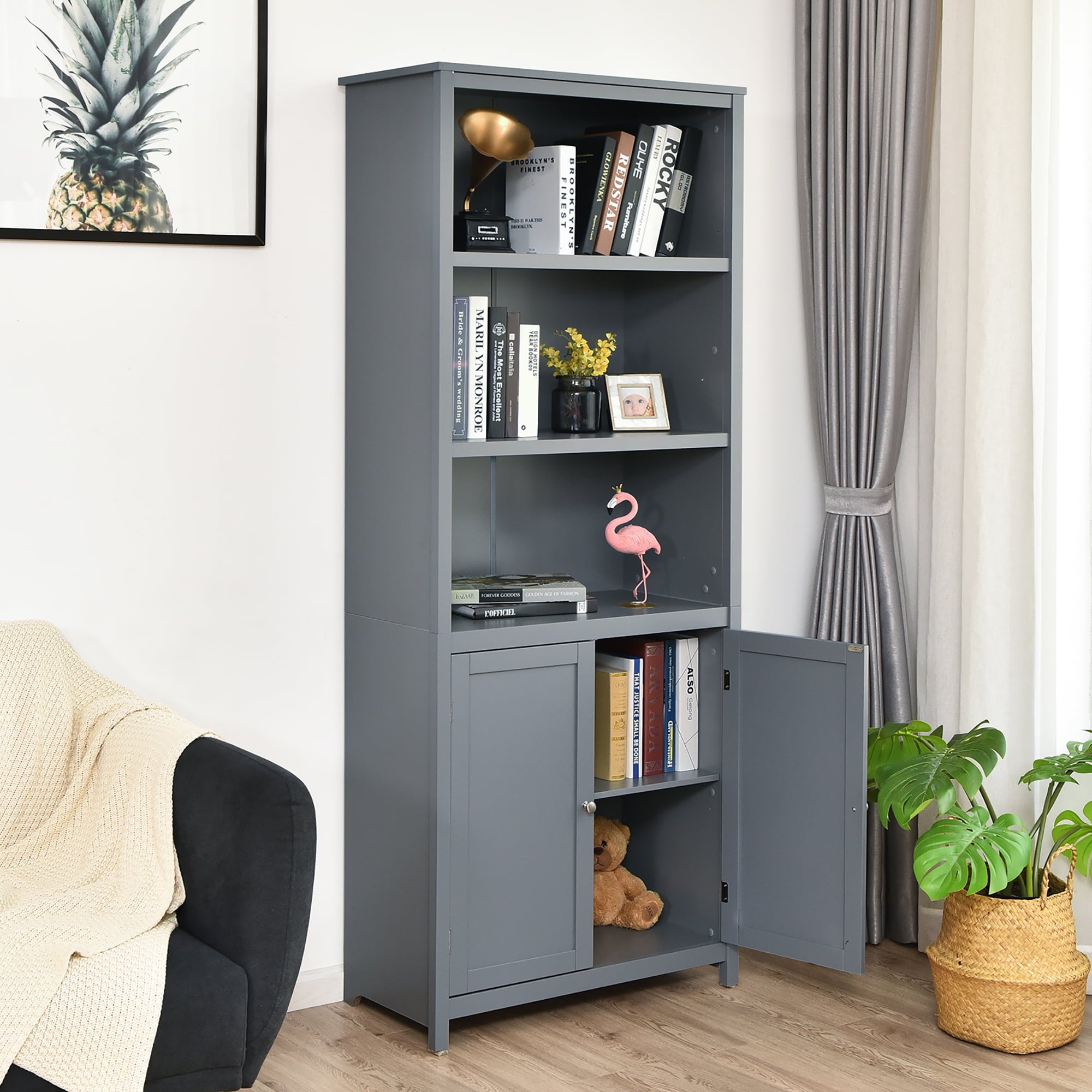 Costway Wooden Cabinet Unit Standing Bookcase W/Doors Gray