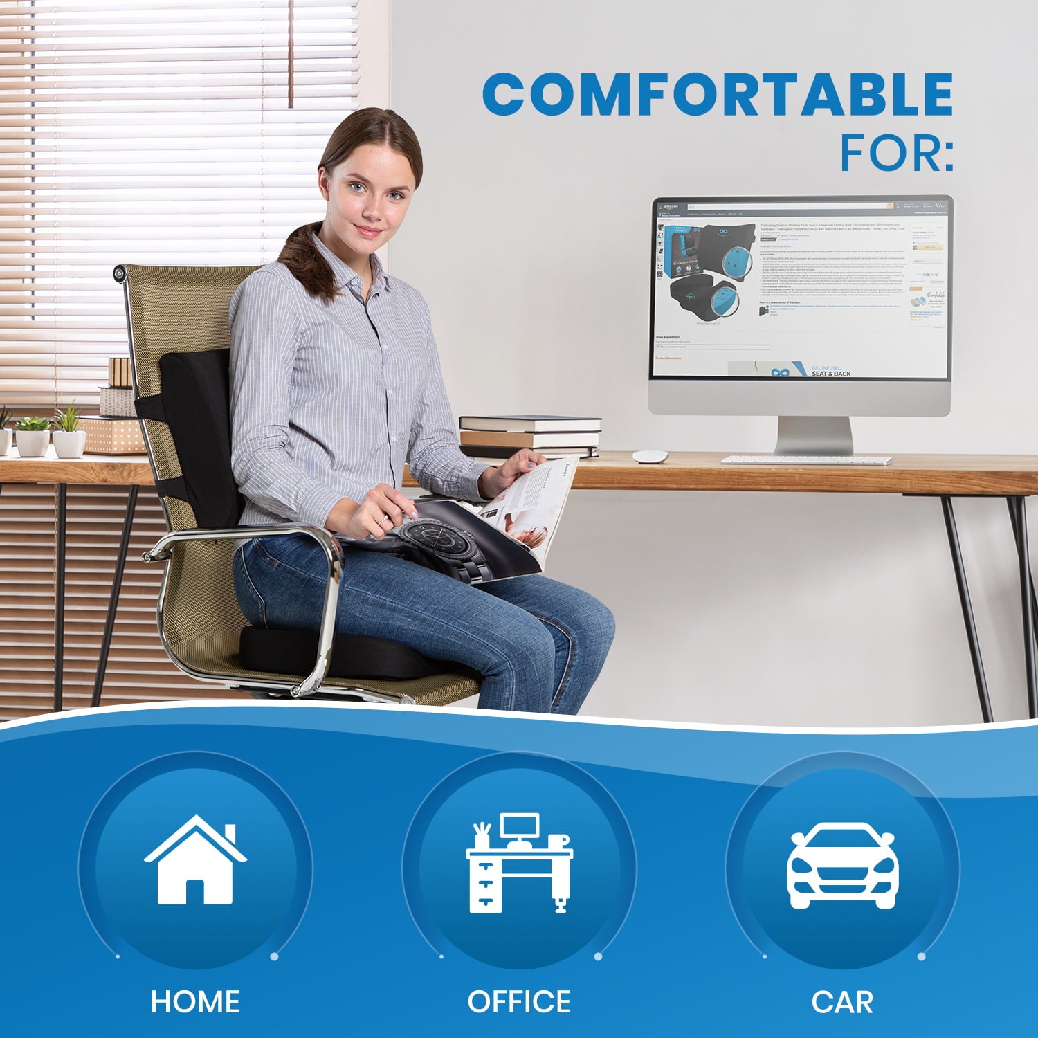 Everlasting Comfort Office Chair Seat Cushion and Lumbar Support Pillow Combo