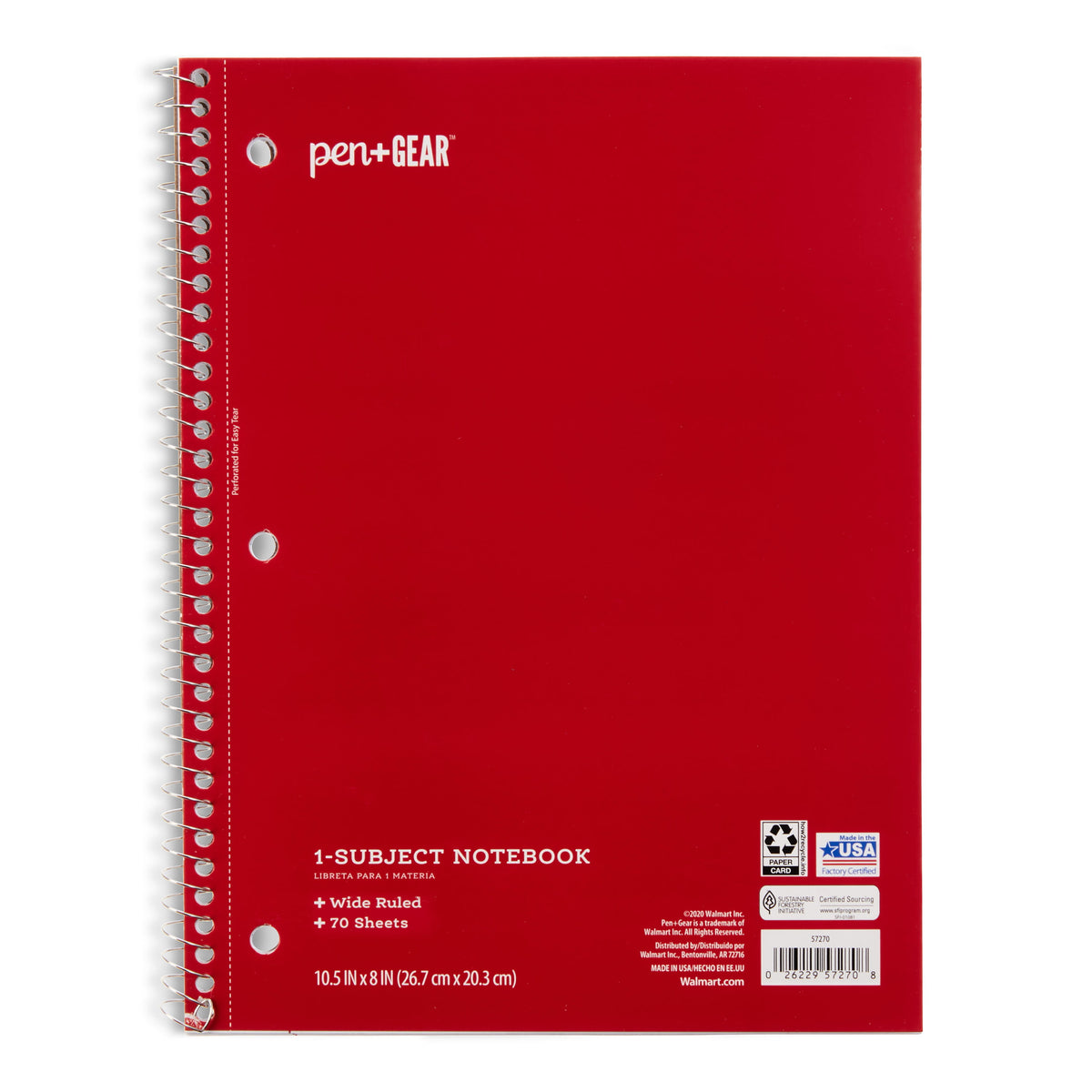 Pen+Gear 1-Subject Notebook, Wide Ruled, 70 Sheets, Red