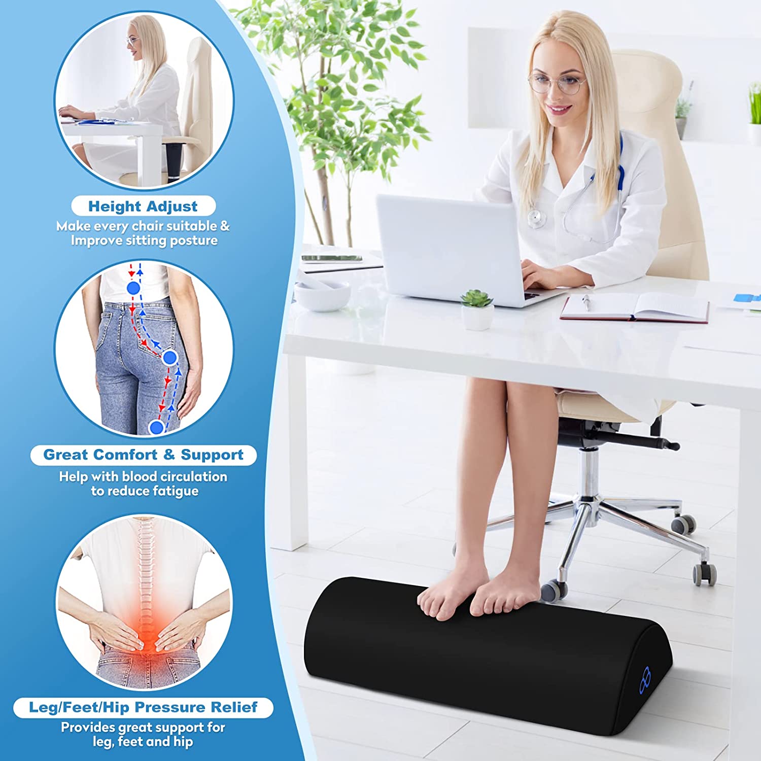 StepLively Foot Rest for Under Desk at Work-Ergonomic Design Foot Stool,Non Slip Bead,Washable Cover-Under Desk Footrest