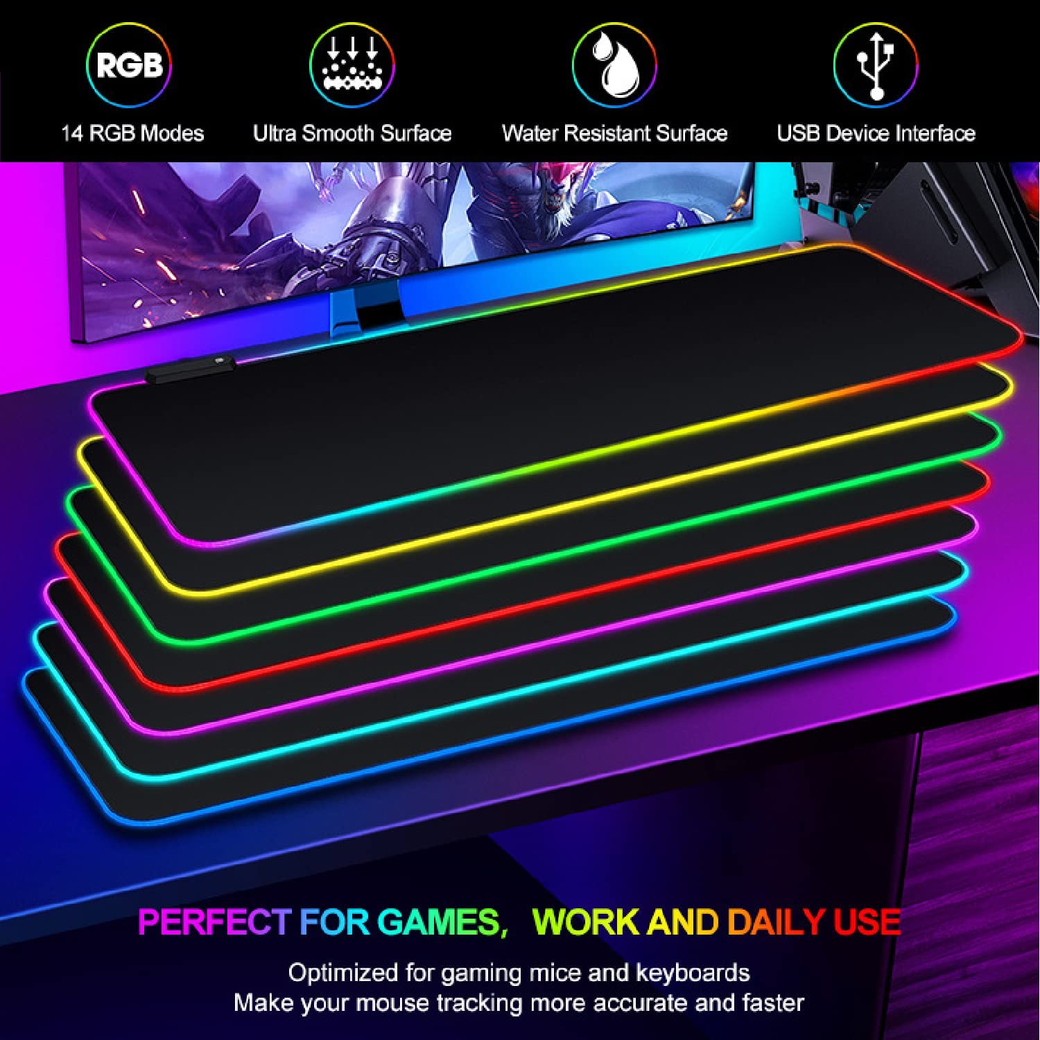 TALK WORKS Extra Large RGB Gaming Mousepad - Non-Slip Rubber Base, Micro-Textured Durable Cloth, 7 Colors, 14 Lighting Modes, On/Off Light Switch, USB Device Interface - 12 x 31.5 Inches, Black