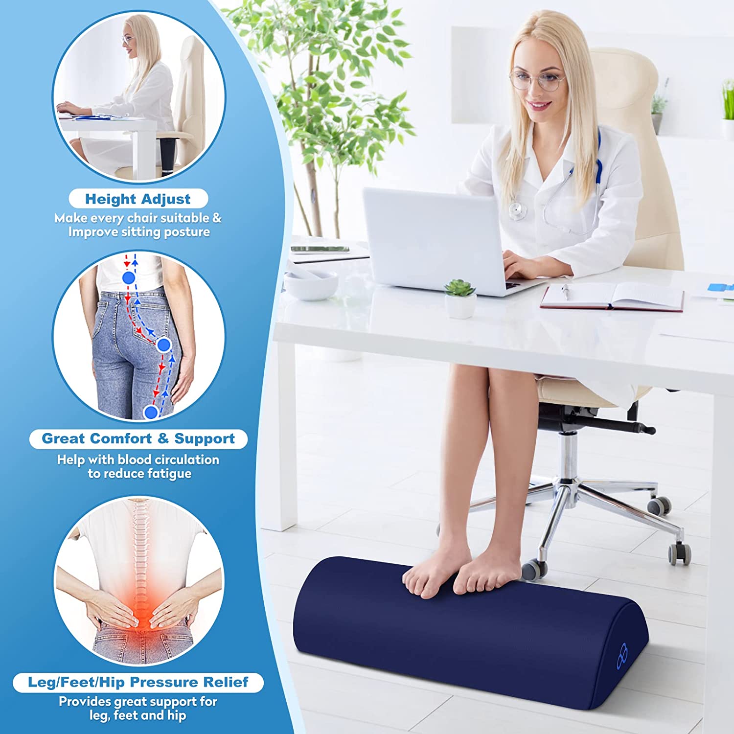 StepLively Foot Rest for Under Desk at Work-Ergonomic Design Foot Stool,Non Slip Bead,Washable Cover-Under Desk Footrest