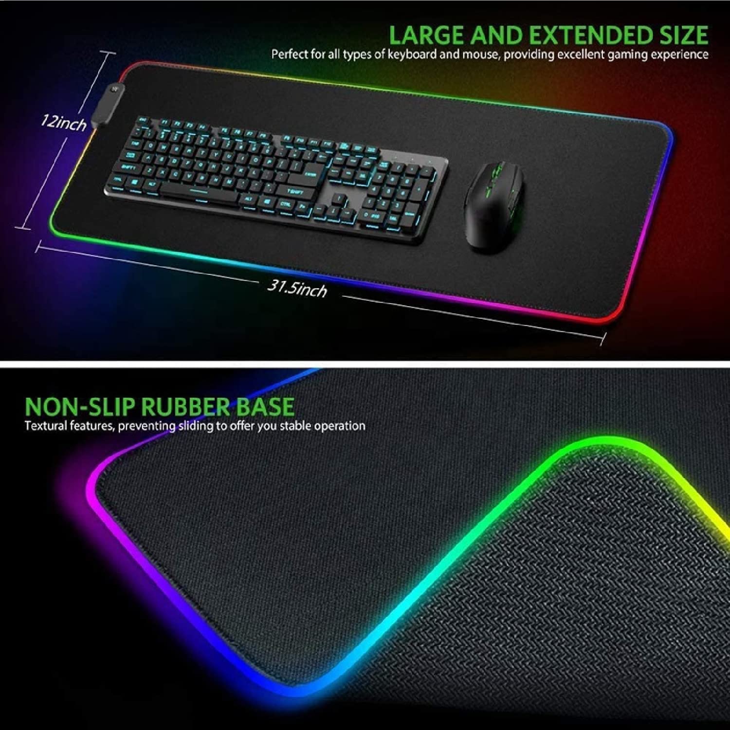 TALK WORKS Extra Large RGB Gaming Mousepad - Non-Slip Rubber Base, Micro-Textured Durable Cloth, 7 Colors, 14 Lighting Modes, On/Off Light Switch, USB Device Interface - 12 x 31.5 Inches, Black