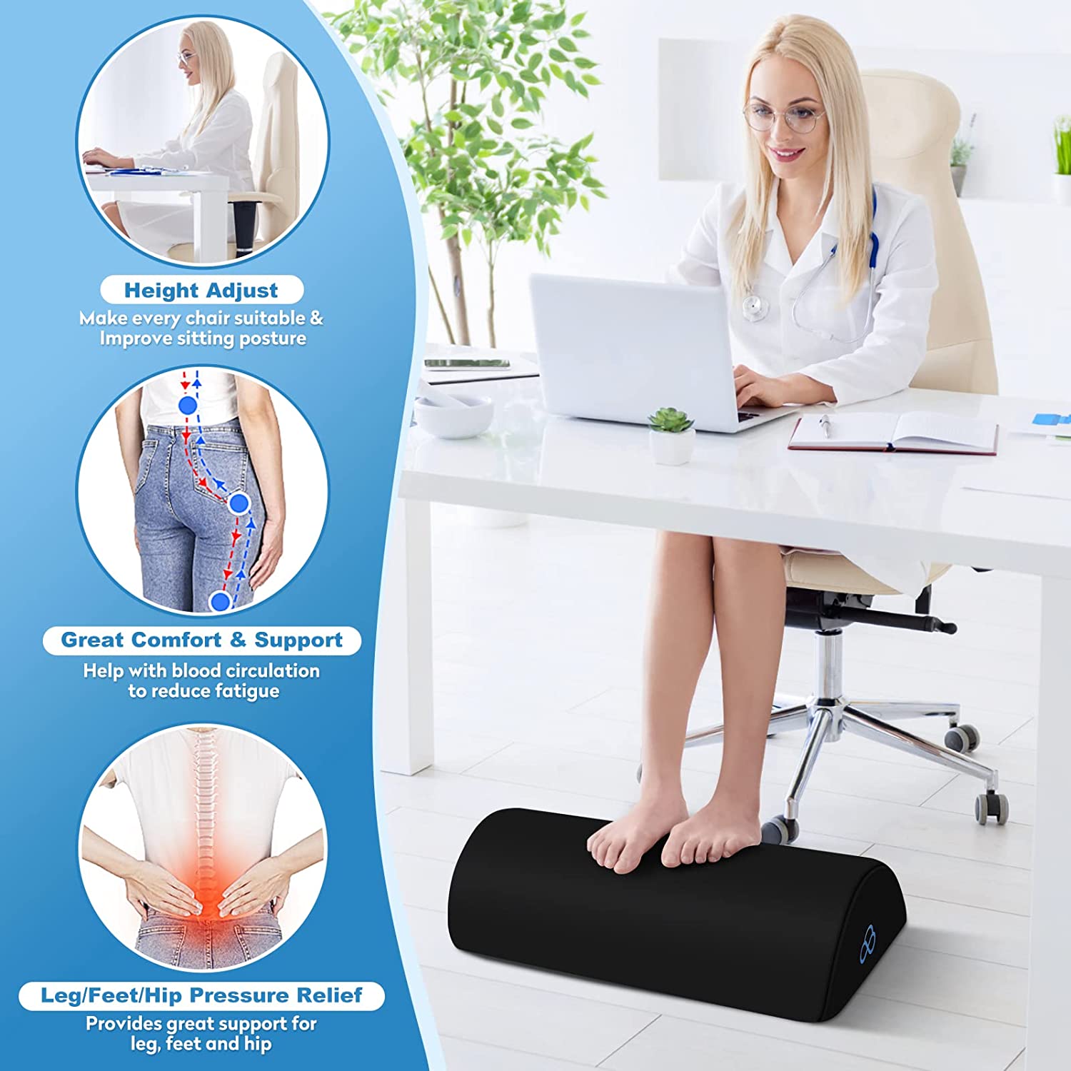 StepLively Foot Rest for Under Desk at Work-Ergonomic Design Foot Stool,Non Slip Bead,Washable Cover-Under Desk Footrest