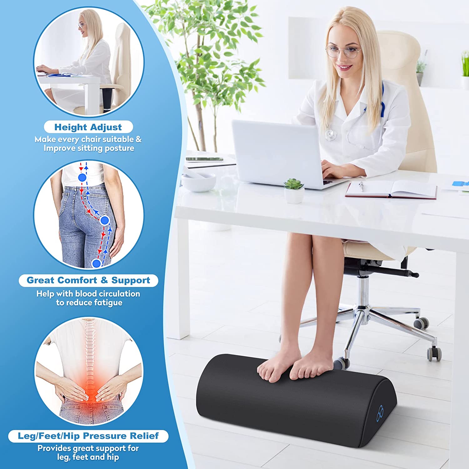 StepLively Foot Rest for Under Desk at Work-Ergonomic Design Foot Stool,Non Slip Bead,Washable Cover-Under Desk Footrest