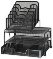 Simple Houseware Mesh Desk Organizer with Sliding Drawer, Double Tray and 5 Stacking Sorter Sections, Black