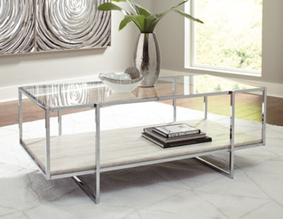 Signature Design by Ashley Bodalli Rectangular Contemporary Cocktail Table,  Glass Top with Faux Marble