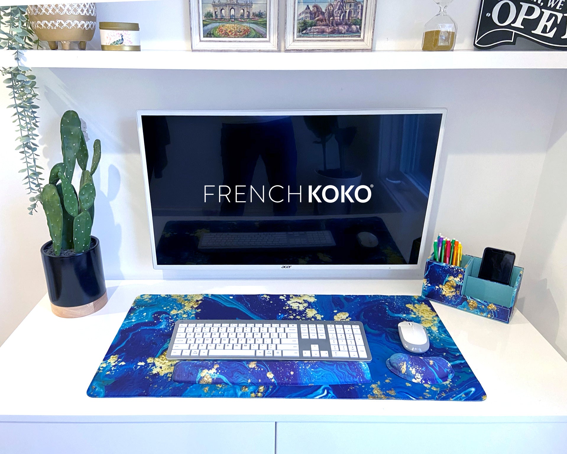 French KOKO PU Leather Desk Organizer Cute Pen Holder Office Pencil Holders Organizers Table Top Desktop Multifunction Accessories Women Kids Girls Children Work School Storage Supplies (marble blue)