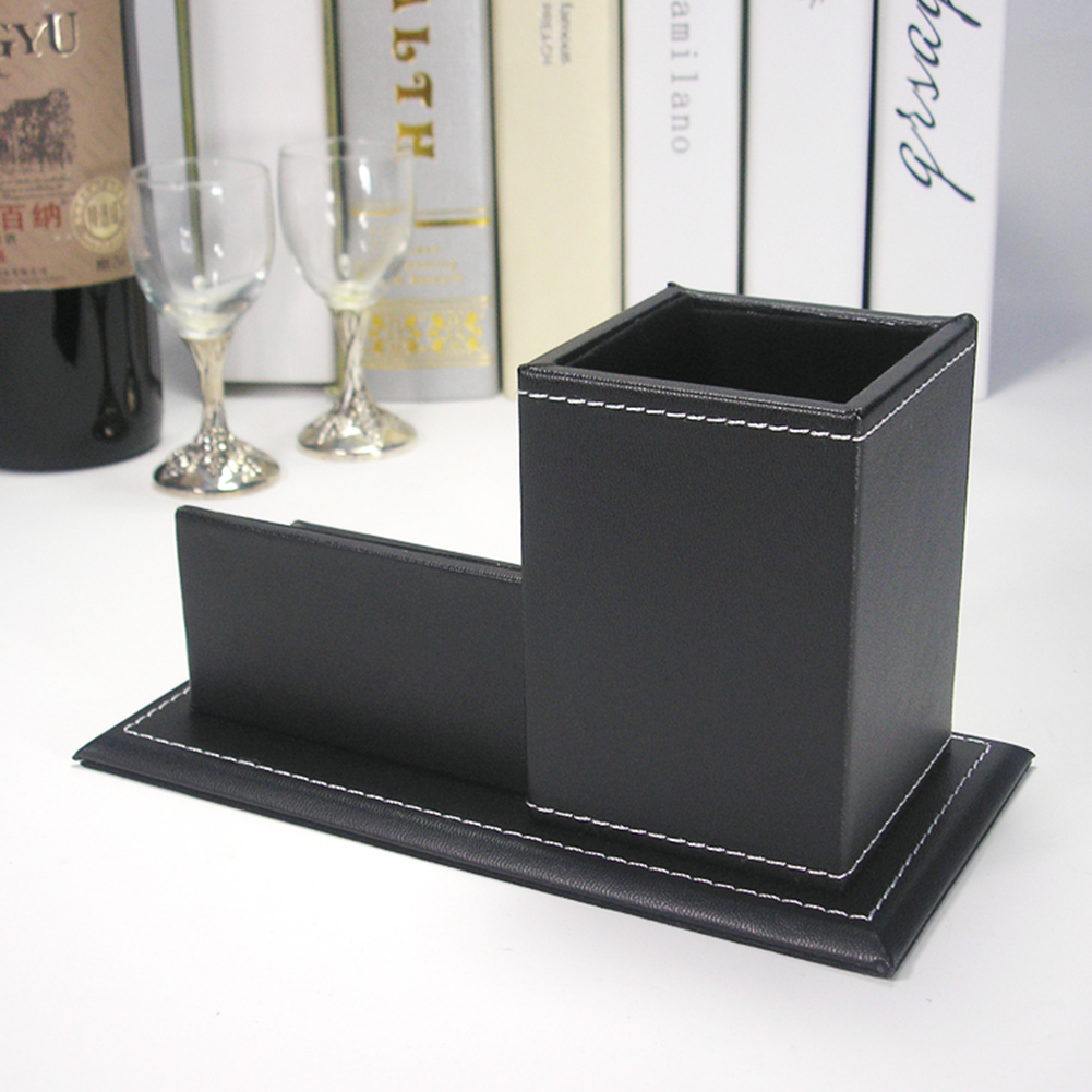 KINGFOM Business Card Holder, PU Leather Pen Holder Business Card Box Name Card Holder Office Organizer Desktop Organizer Black