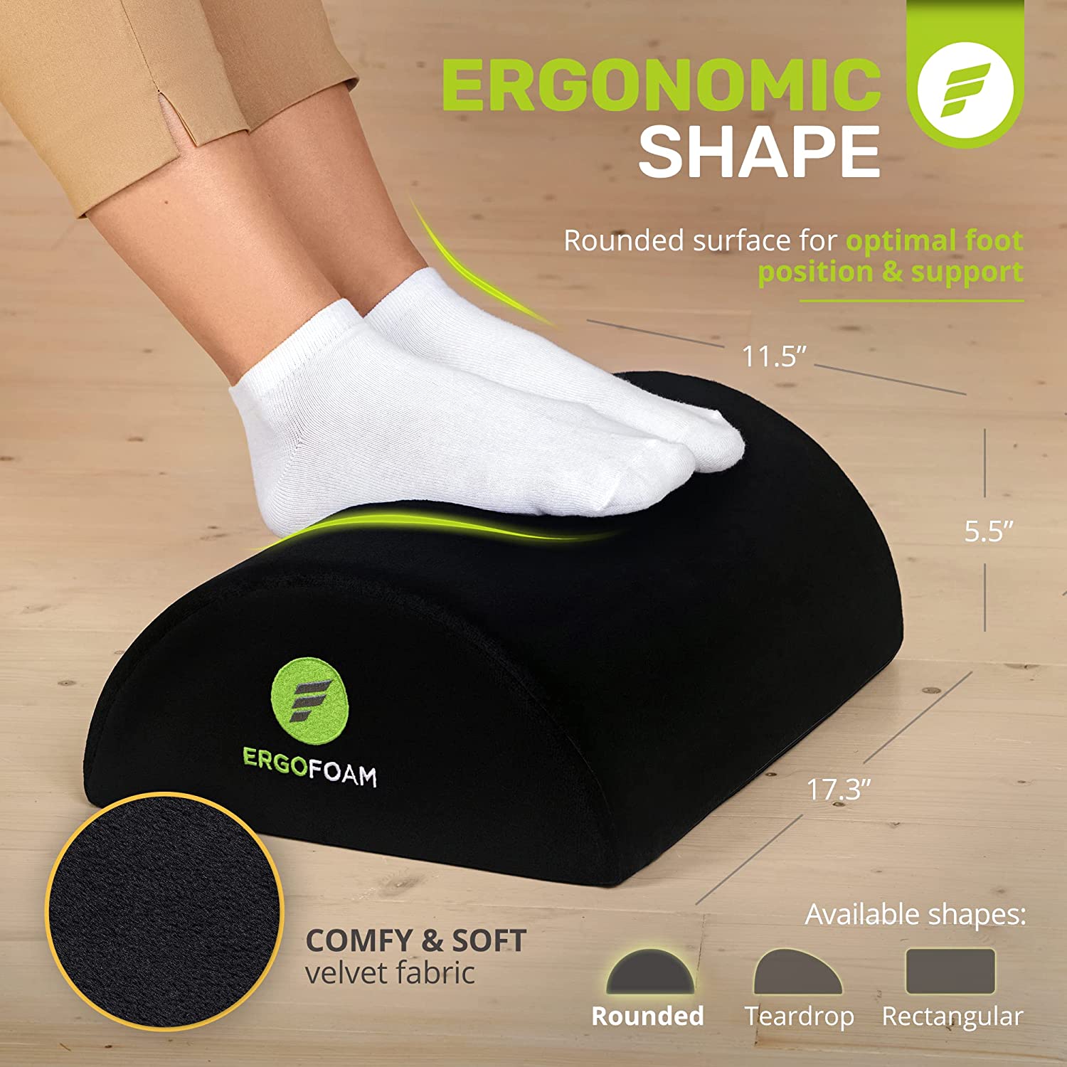 ErgoFoam Ergonomic Foot Rest Under Desk - Premium Velvet Soft Foam Footrest for Desk - Most Comfortable Desk Foot Rest in The World for Lumbar, Back, Knee Pain - Foot Stool Rocker (Black)