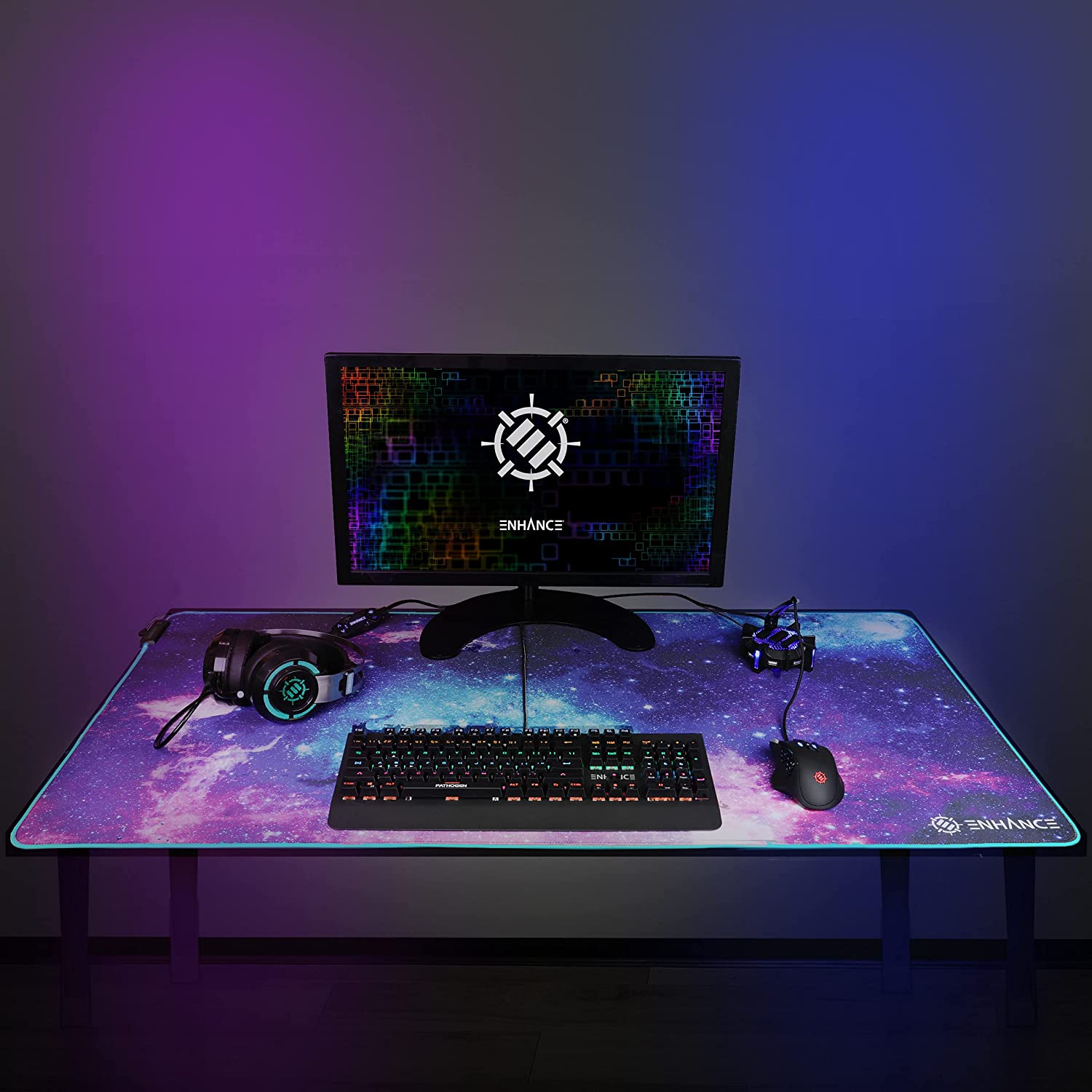 ENHANCE XXXL LED Computer Desk Mat - Illuminated 3XL Large Mouse Mat (48x24 Mouse Pad) Gaming Mouse Pad, Extended Table Desk Pad with Smooth Tracking Surface, and Non-Slip Rubber Grip - Galaxy