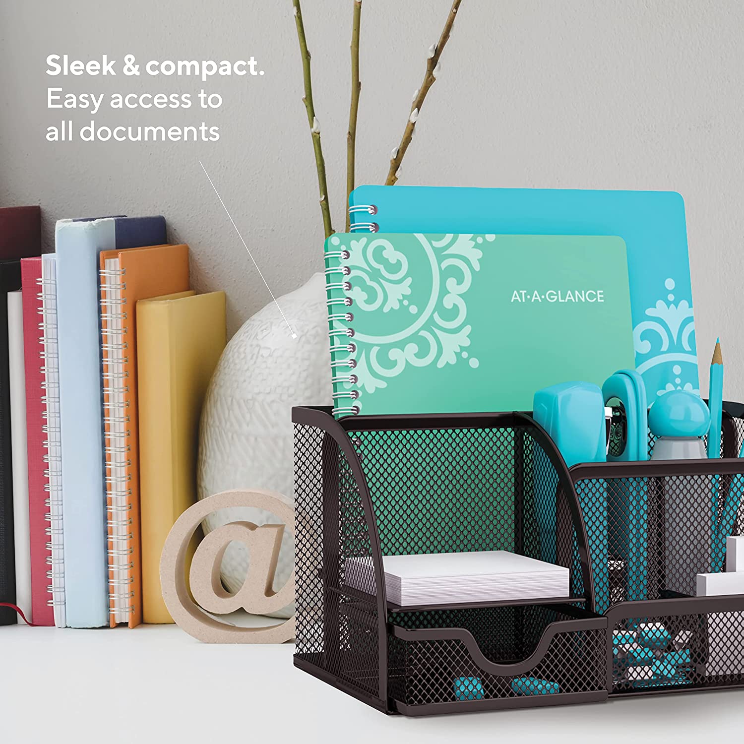 Mindspace Office Desk Organizers and Accessories with 6 Compartments + Drawer | The Mesh Collection, Black