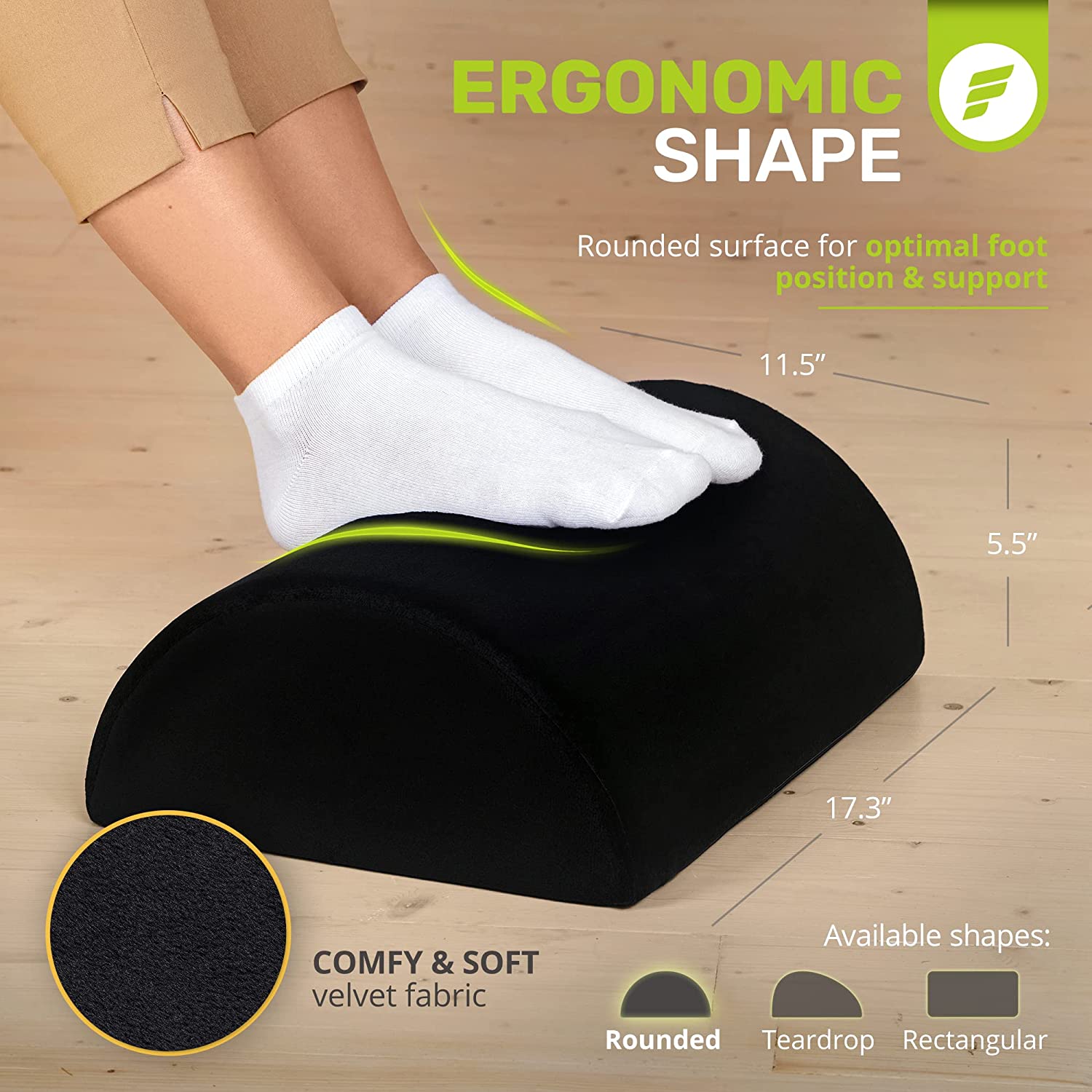 ErgoFoam Ergonomic Foot Rest Under Desk - Premium Velvet Soft Foam Footrest for Desk - Most Comfortable Desk Foot Rest in The World for Lumbar, Back, Knee Pain - Foot Stool Rocker (Black)