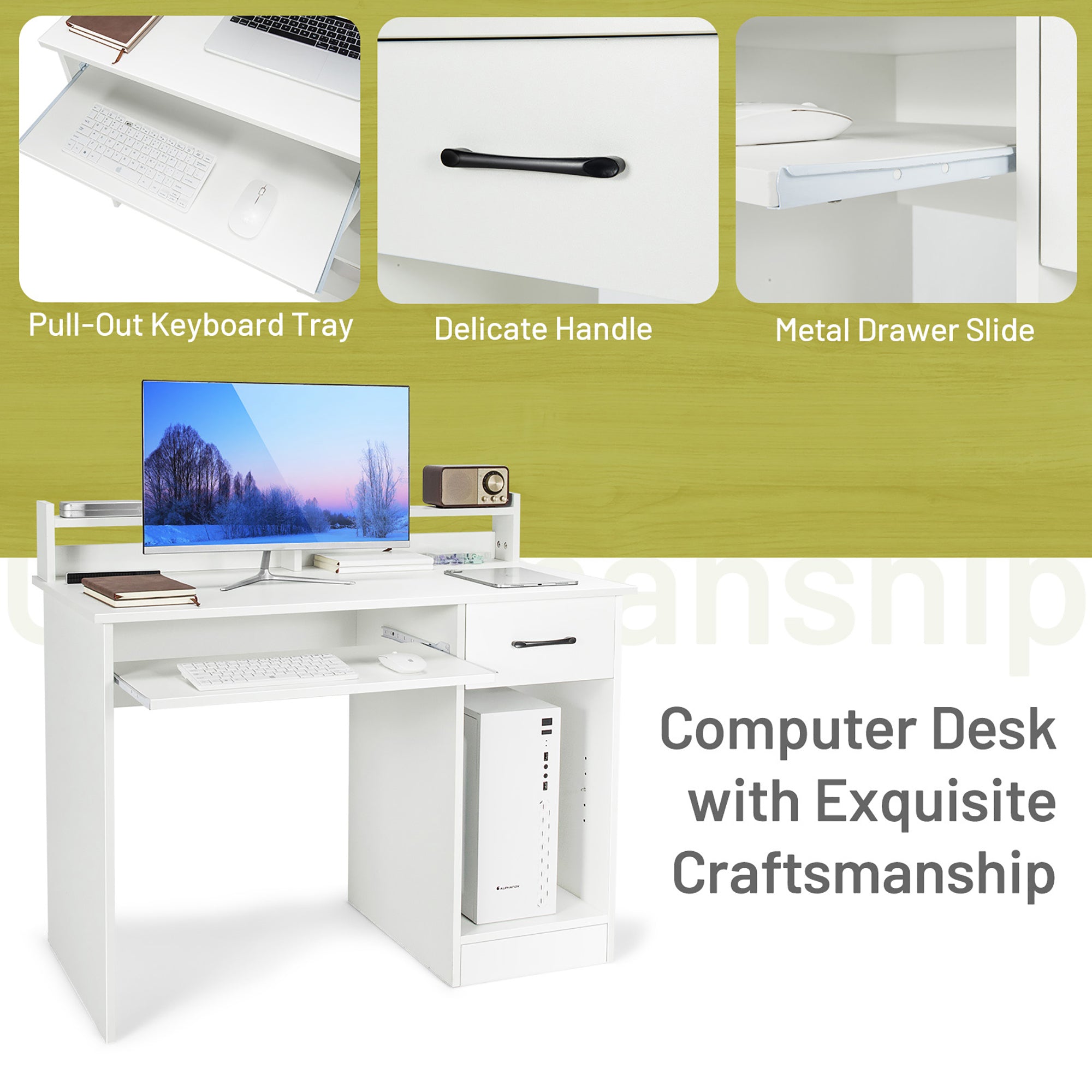 Costway 22" Wide Computer Desk Writing Study Laptop Table w/ Drawer & Keyboard Tray White