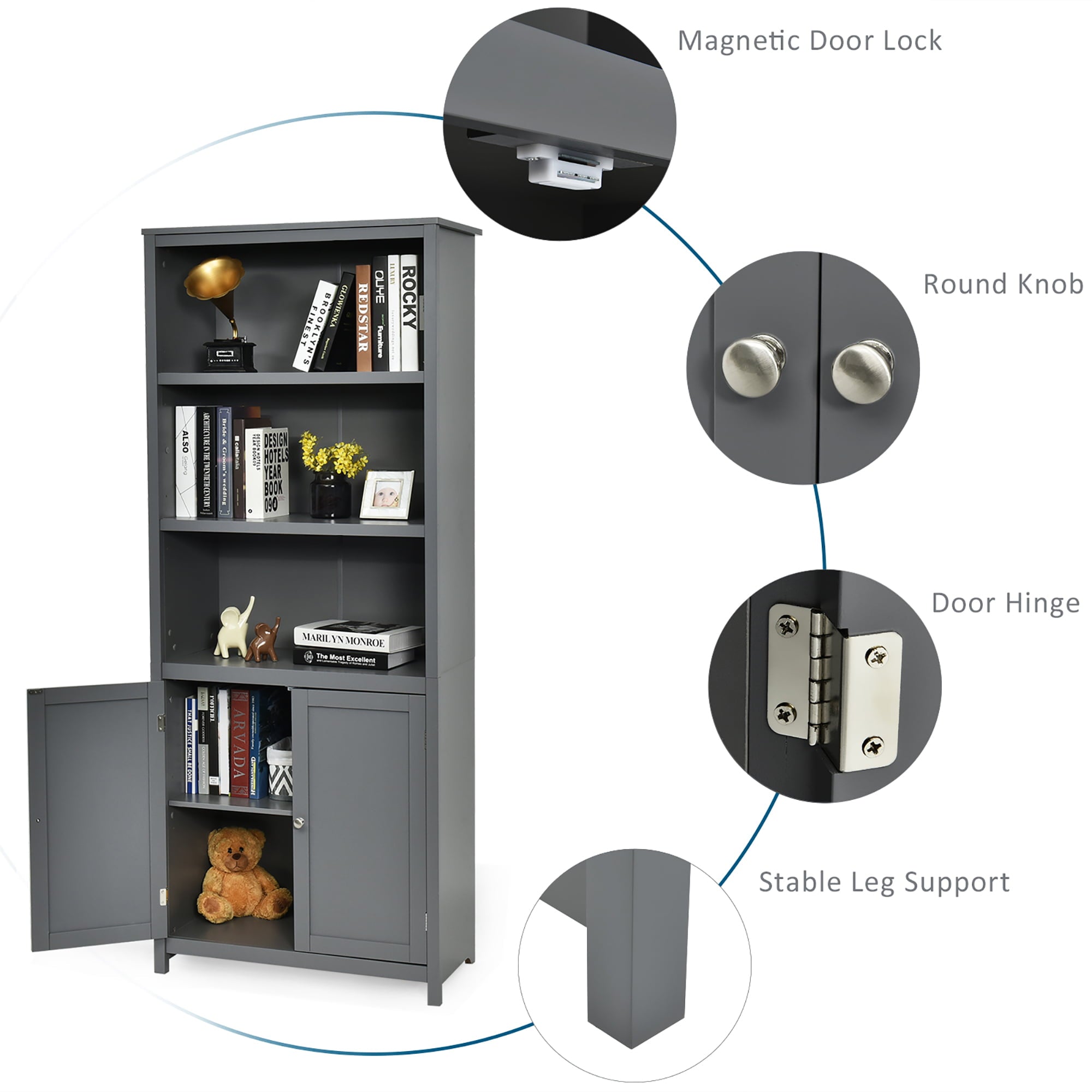 Costway Wooden Cabinet Unit Standing Bookcase W/Doors Gray