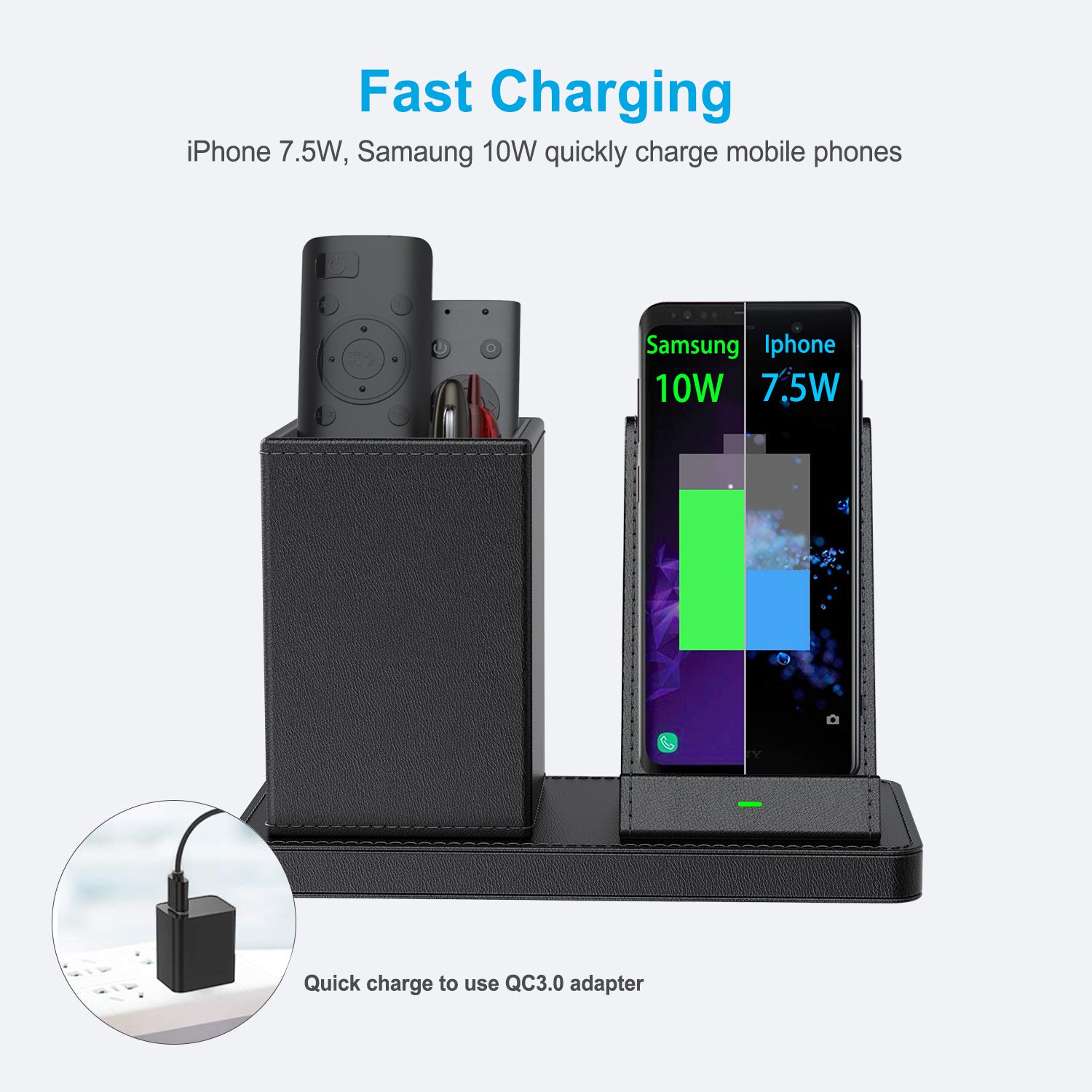 KINGFOM Wireless Charger with Desk Organizer, Pen Holder + Qi-Certified Wireless Charging Station for Apple iPhone 13/13 Pro Max/Samsung/Huawei/Xiaomi, Black